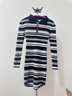 Juniors Black & White Striped Polo Knit Dress